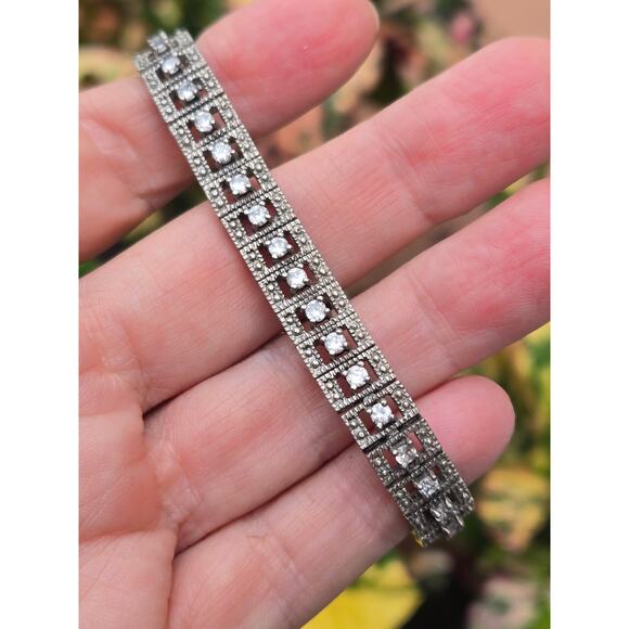 Vintage Sterling Silver Marcasite & Clear Crystal Choker Necklace & Bracelet Set - Picture 3 of 10